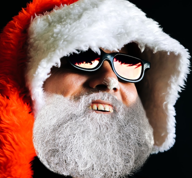 Papai Noel com chapéu e óculos de sol está rindo. Conceito de celebração. Ano novo de 2020.