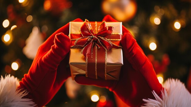 Foto papai noel com luvas nas mãos com caixa de presentes