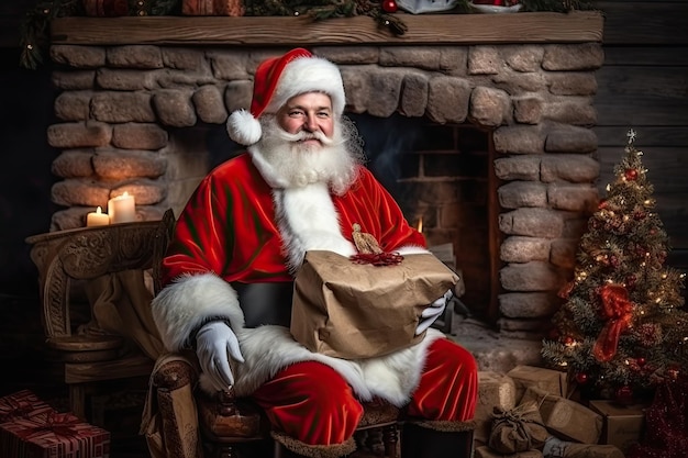 Papai Noel com pilha de presentes de Natal São Nicolau sentado perto da lareira Presentes de Natal Presentes de Natal Generativo AI ilustração