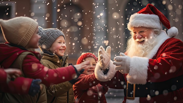 Papai Noel com presentes em Snowy Village Square