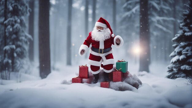 Papai Noel com presentes está animado saltando sobre um monte em uma floresta nebulosa