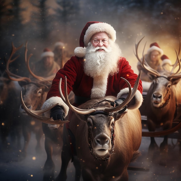 Foto papai noel com renas no fundo do trenó de natal
