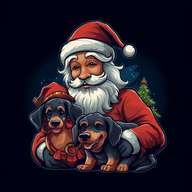 Foto papai noel com três dachshunds e uma árvore de natal