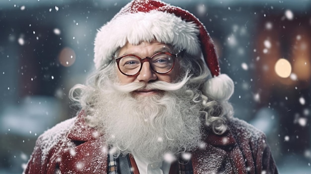 Papai Noel com um grande saco de presentes em óculos está olhando para a câmera e sorrindo