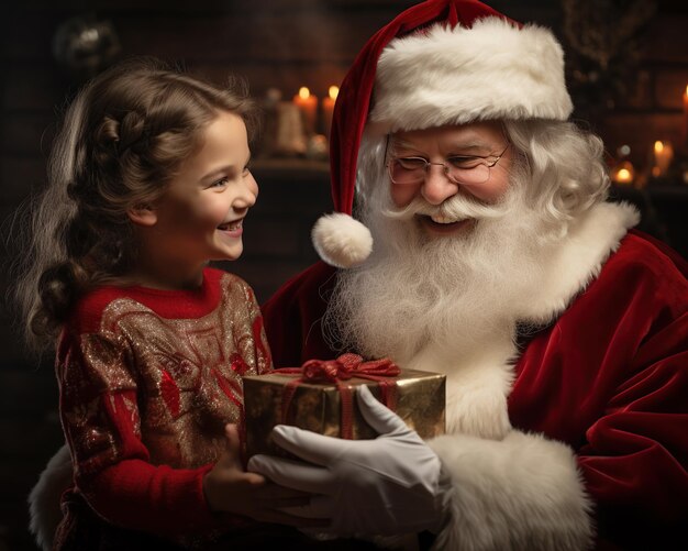 Foto papai noel dá uma menina um presente de natal