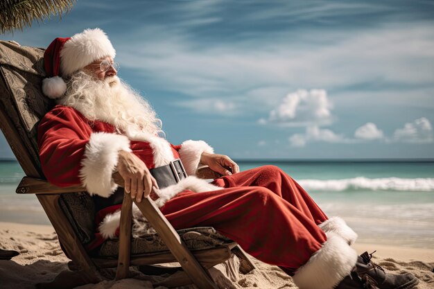Papai Noel de férias descansando em uma cadeira na praia