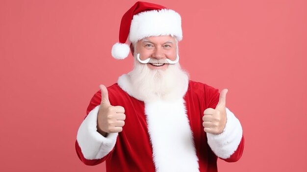 Foto papai noel de pé isolado em fundo de cor e polegares para cima