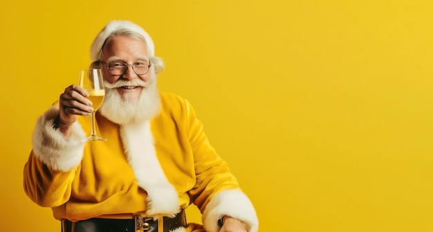 Papai Noel de terno amarelo sorrindo com caneca de cerveja isolada em fundo amarelo Natal