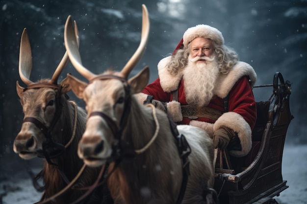 Papai Noel dentro do trenó guiando suas renas encantadas no dia lúdico e nostálgico de Natal