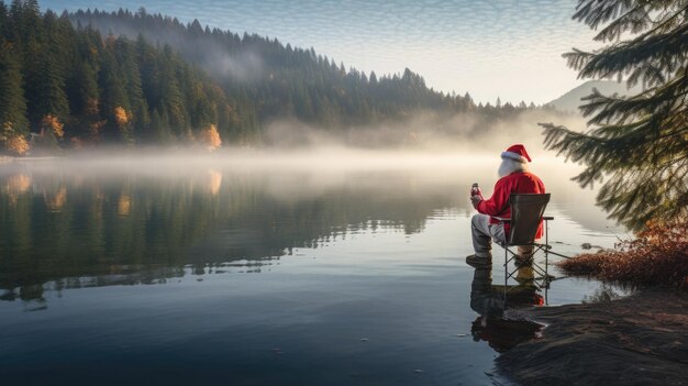 Papai Noel desfrutando de uma manhã serena de pesca em um lago de vidro tranquilo