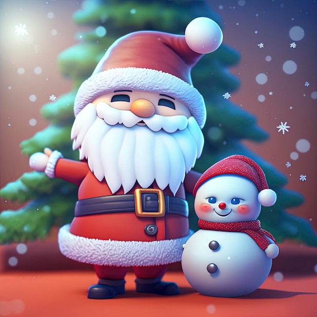 Foto papai noel e boneco de neve de natal, com fundo de árvore de natal