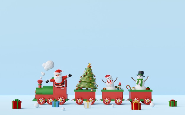 Papai noel e boneco de neve no trem de natal com presentes, renderização em 3d