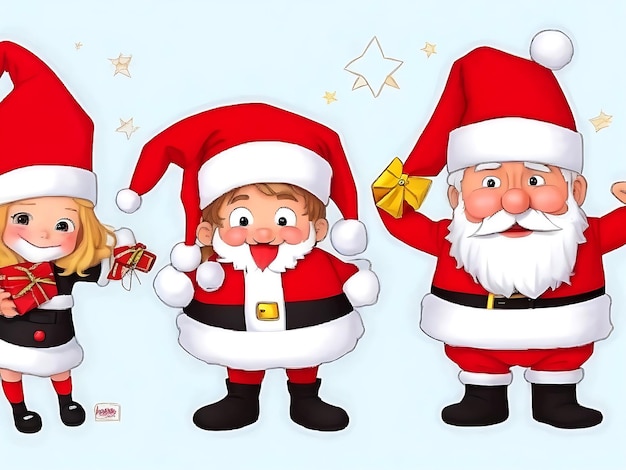 Papai Noel e crianças em estilo de personagem de desenho animado de fantasia de Natal