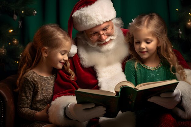 Papai Noel e duas crianças leem um livro no estilo das emoções