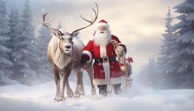 Papai Noel e Rudolph em uma bela paisagem de neve no país das maravilhas do inverno