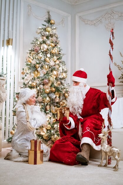Papai Noel e snegurochka posando perto da árvore do ano novo