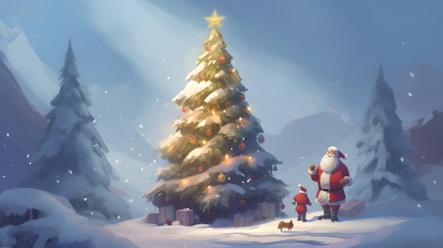 Papai Noel e uma árvore de Natal em uma paisagem de neve