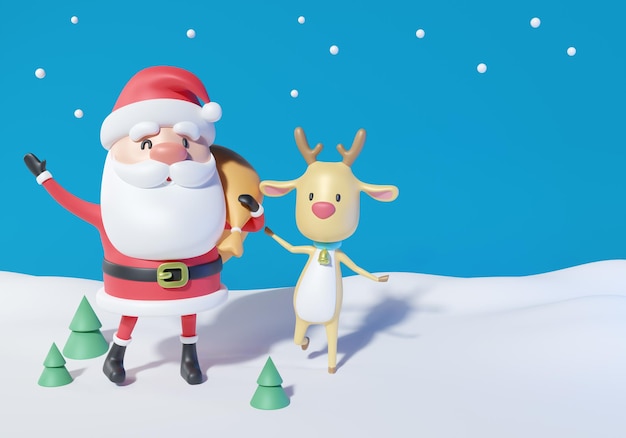 papai noel e veados estão de pé na renderização 3d de fundo azul neve