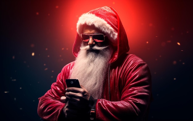 Foto papai noel elegante com óculos usando um smartphone