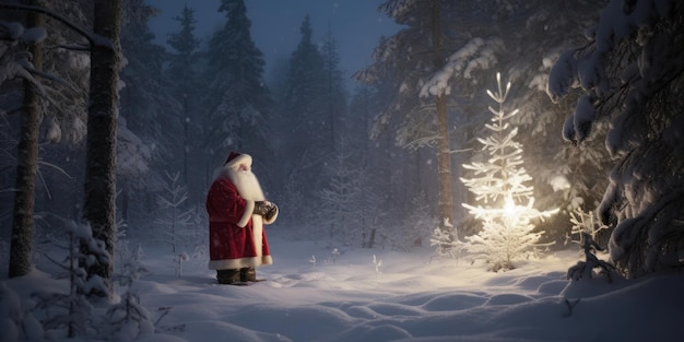 Papai Noel em frente a uma árvore de Natal no meio de uma floresta nevada