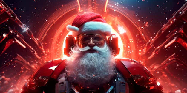 Papai noel em um traje espacial futurista cercado por elementos cósmicos misturando a magia do natal com um toque de ficção científica