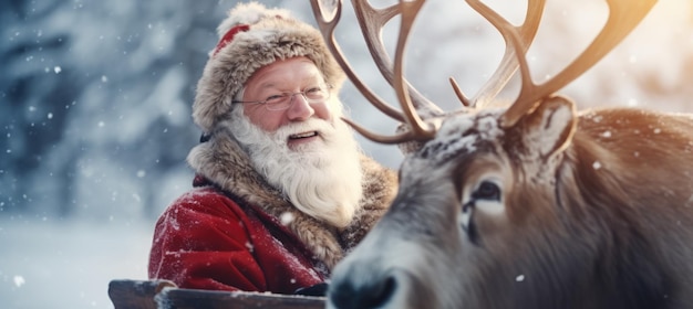 Papai Noel em um trenó com renas passeia pela floresta de inverno cartão de Ano Novo 39s atmosfera de Natal cores vintage