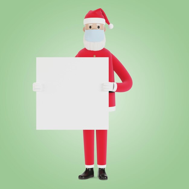 Papai noel em uma máscara com um banner. para cartões de natal, banners e rótulos. ilustração 3d em estilo cartoon.