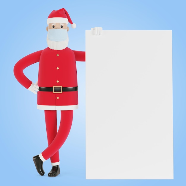 Papai Noel em uma máscara com um banner. Para cartões de Natal, banners e rótulos. Ilustração 3D em estilo cartoon.