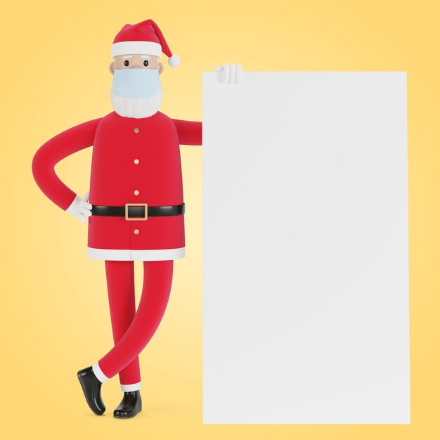 Papai Noel em uma máscara com um banner. Para cartões de Natal, banners e rótulos. Ilustração 3D em estilo cartoon.