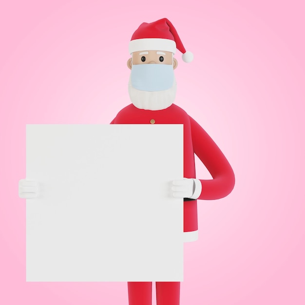 Papai Noel em uma máscara com um banner Para cartões de Natal, banners e rótulos ilustração 3D em estilo cartoon