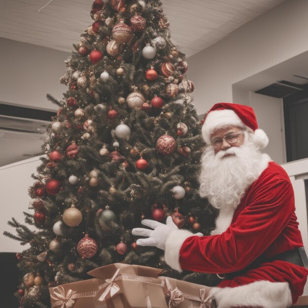 Foto papai noel em uma sala de estar com árvore de natal decorada com ornamento de natal e caixa de presentes