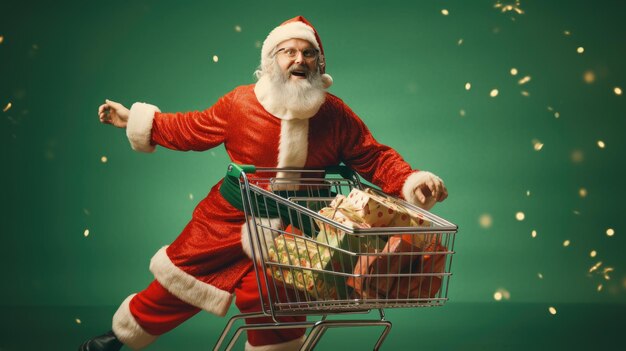 Papai Noel empurrando carrinho de compras