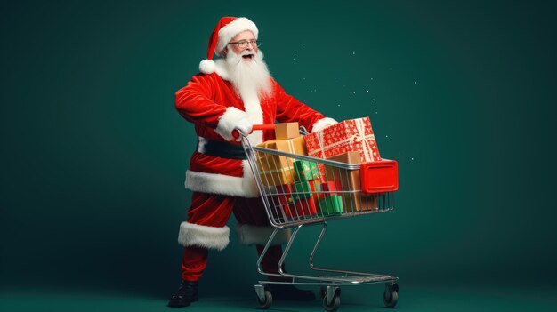 Papai Noel empurrando carrinho de compras