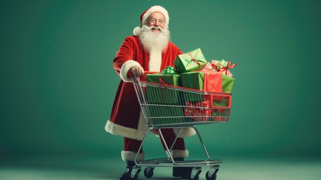 Papai Noel empurrando carrinho de compras