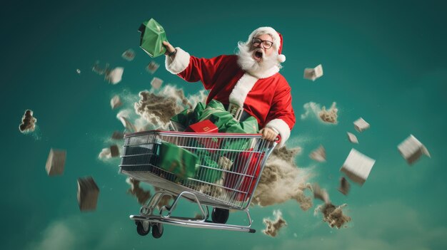 Papai Noel empurrando carrinho de compras