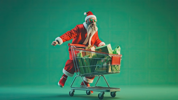 Papai Noel empurrando carrinho de compras