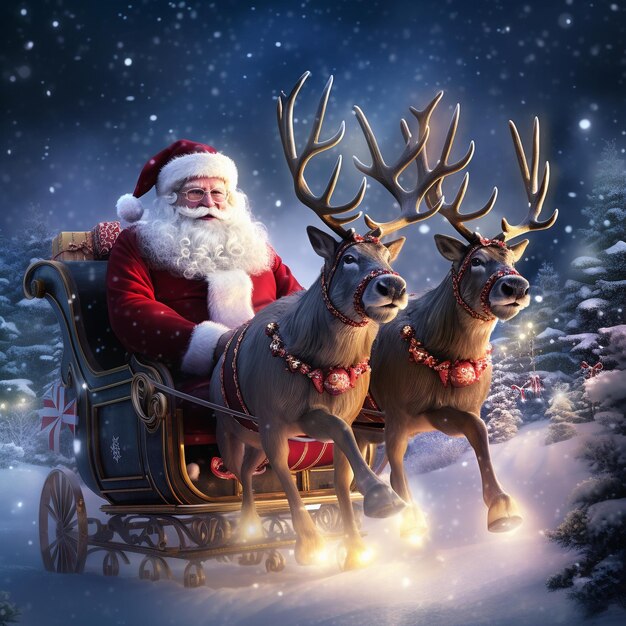 Papai Noel entrega presentes na neve em um trenó puxado por renas