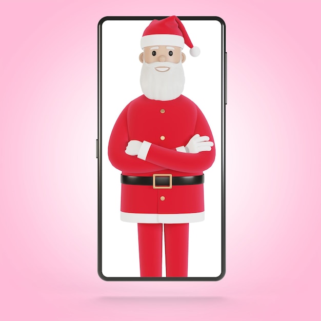 Papai Noel entrega presentes on-line para pessoas Tela do smartphone com Papai Noel Ilustração 3D de entrega de compras on-line em estilo cartoon