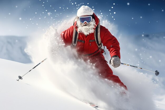 Papai Noel esquiando rápido na neve