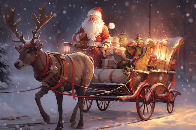 Papai Noel está andando de trenó com renas e apresenta ai generativo