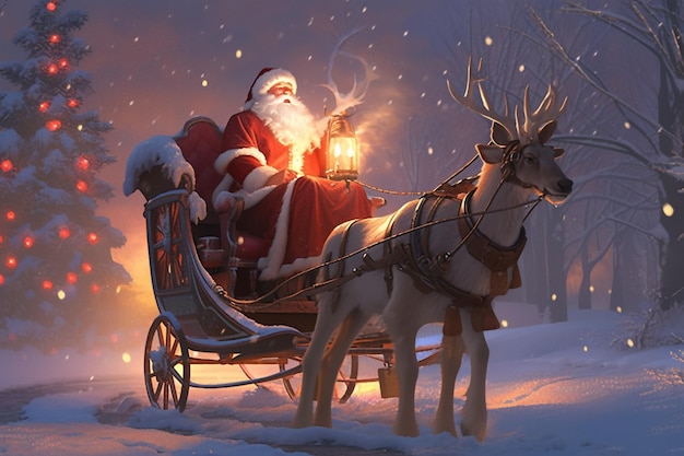 Papai Noel está andando em um trenó com renas e uma lanterna generativa ai