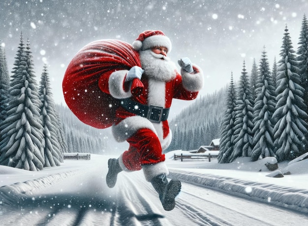 Foto papai noel está correndo por um campo coberto de neve carregando um grande saco vermelho de presente para o natal