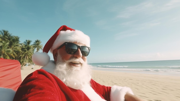 Papai Noel está de férias Papai Noel na praia do mar Surfando nas férias de Natal