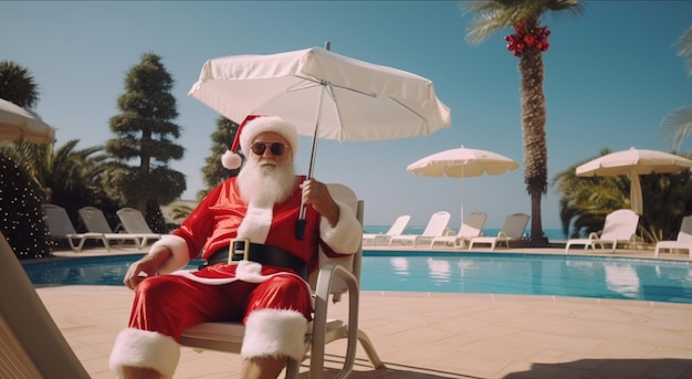 Papai Noel está de férias Papai Noel na praia do mar Surfando nas férias de Natal
