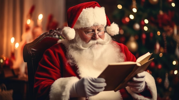 Papai Noel está lendo um livro Ano Novo e feriados de Natal A atmosfera do feriado Cartão postal