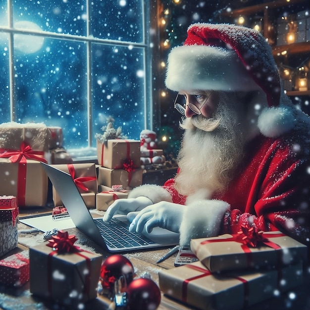 Papai Noel está sentado em uma mesa e usando um laptop