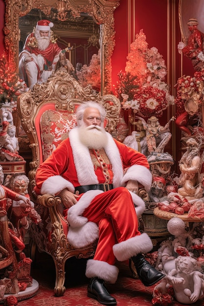 Papai Noel está sentado em uma sala cercada por paredes e móveis de natal pintados
