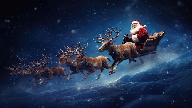 Papai Noel está voando em um trenó com renas