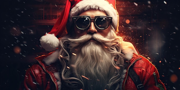 Papai Noel estilo cyberpunk escuro e vestido com roupas de couro estilizadas com acessórios pós-apocalípticos AI Generative AI