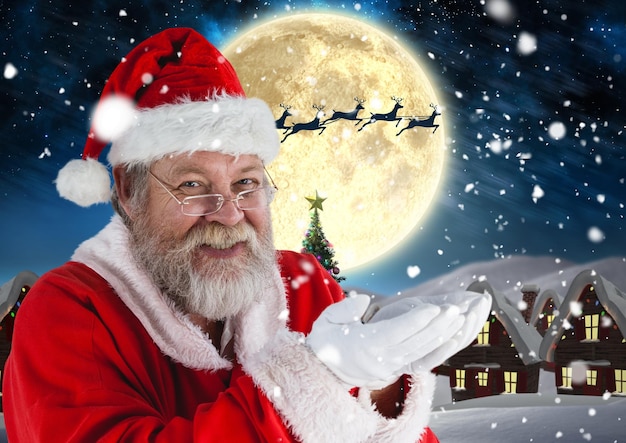 Papai Noel fingindo segurar neve gerada digitalmente